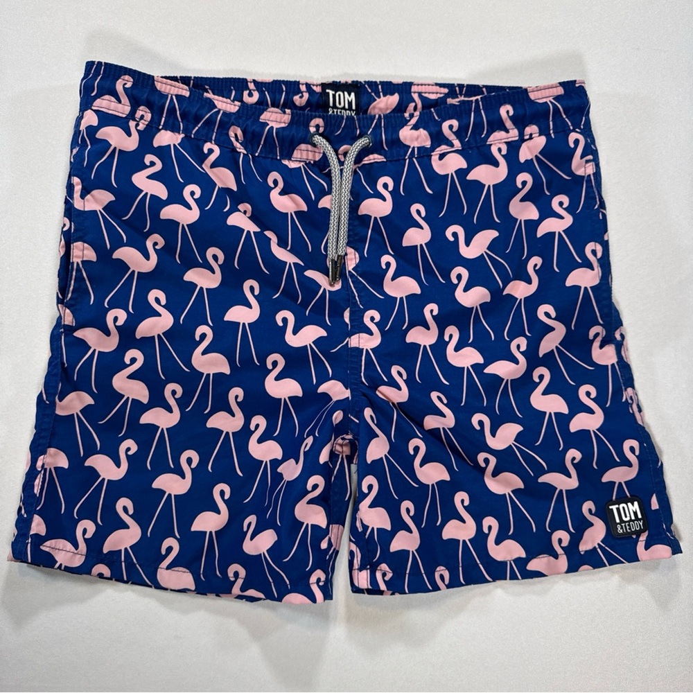 Tom & Teddy Navy Blue Swim Trunks with Pink Flamingo Print